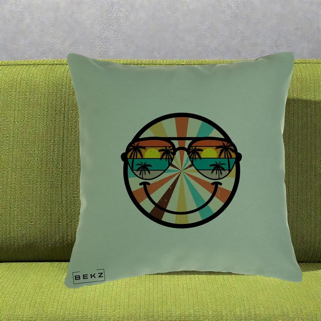 Perna Decorativa Smiley Face Retro Sunset Palmieri, 40x40 cm, Verde, Husa Detasabila, Perna Inclusa, BEKZ®