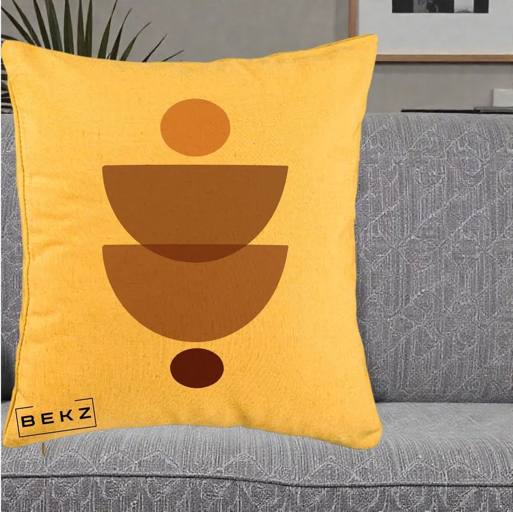 Perna Decorativa Geometric Boho Semicercuri Brun, 40x40 cm, Galben, Husa Detasabila, Perna Inclusa, BEKZ®