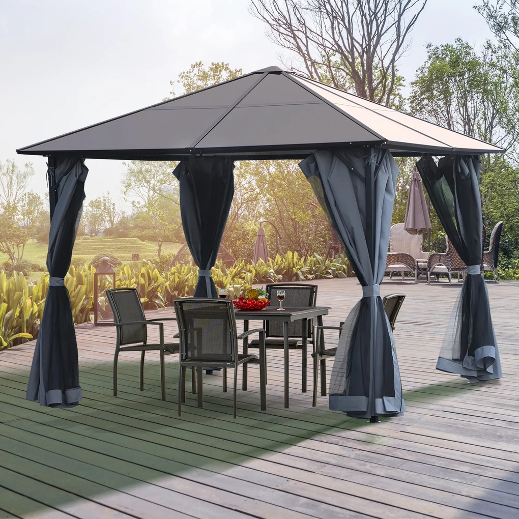Outsunny Pavilion cu acoperiș din policarbonat, perdele cu plasă de insecte, structură de aluminiu, gri închis, 3 x 3 m | Aosom Romania