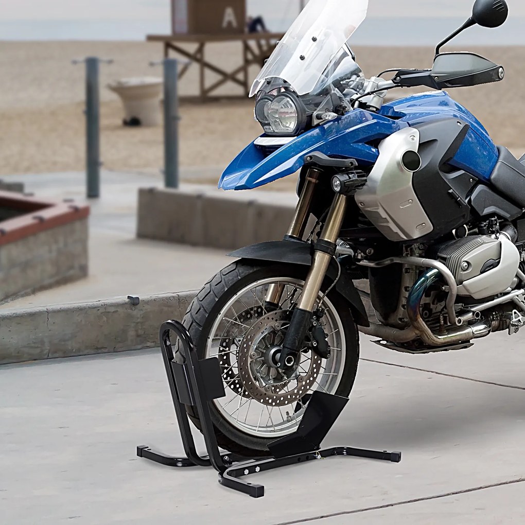 HOMCOM Suport pentru Motocicletă Reglabil pe 3 Nivele, Sistem de Blocare Roți Motocicletă în Metal cu Găuri, 60x55x43 cm, Negru