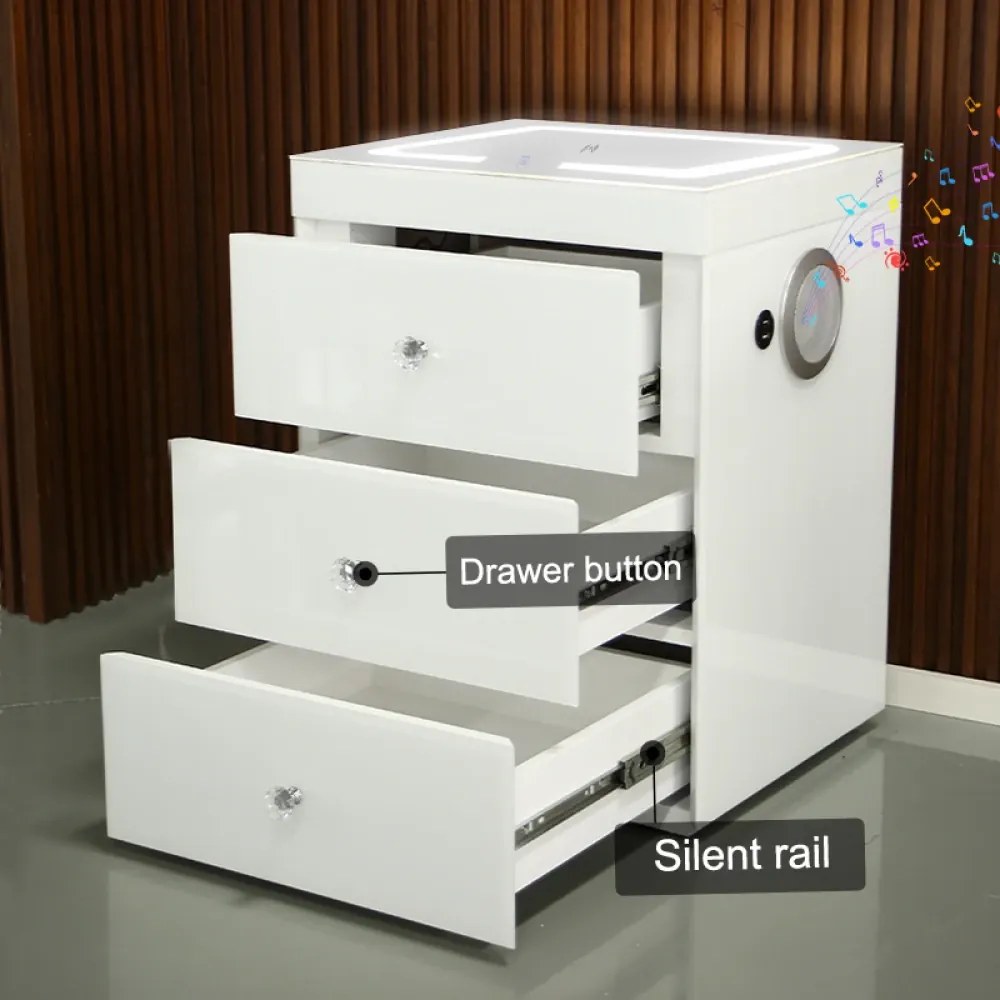 Noptieră inteligentă multifuncțională, din sticla tip oglindă, 3 sertare, LED-uri tactile, 3 tipuri de culoare, încărcare fără fir si USB, Difuzor Bluetooth, sticla securizata, 45x40x60 cm, Alb