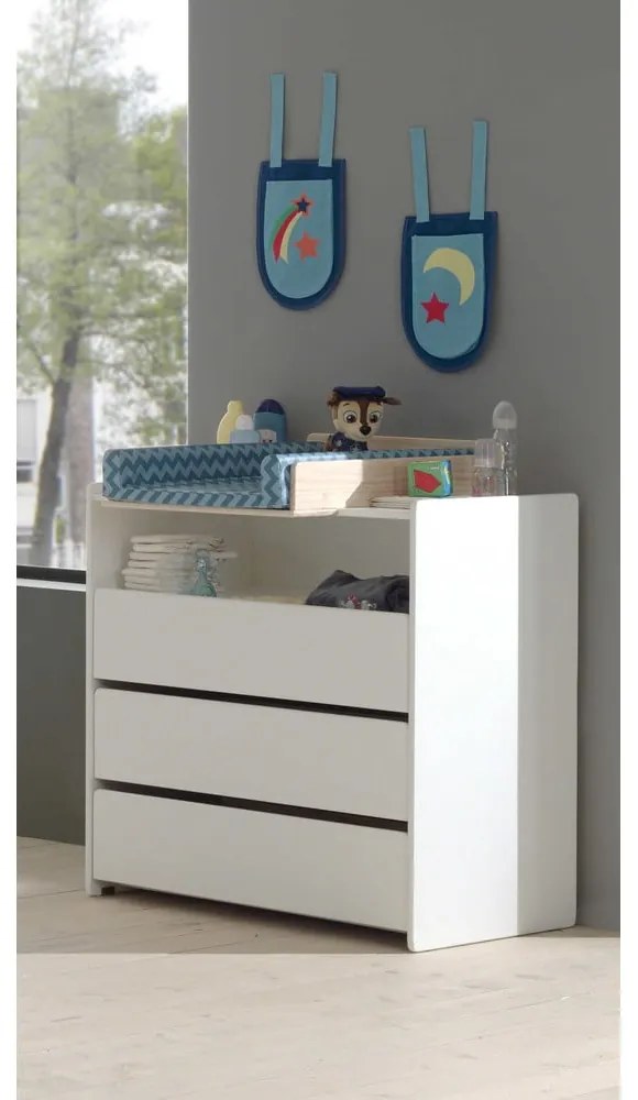 Comodă de copii albă joasă din lemn masiv de pin cu masă de înfășat 90x106 cm KIDDY – Vipack