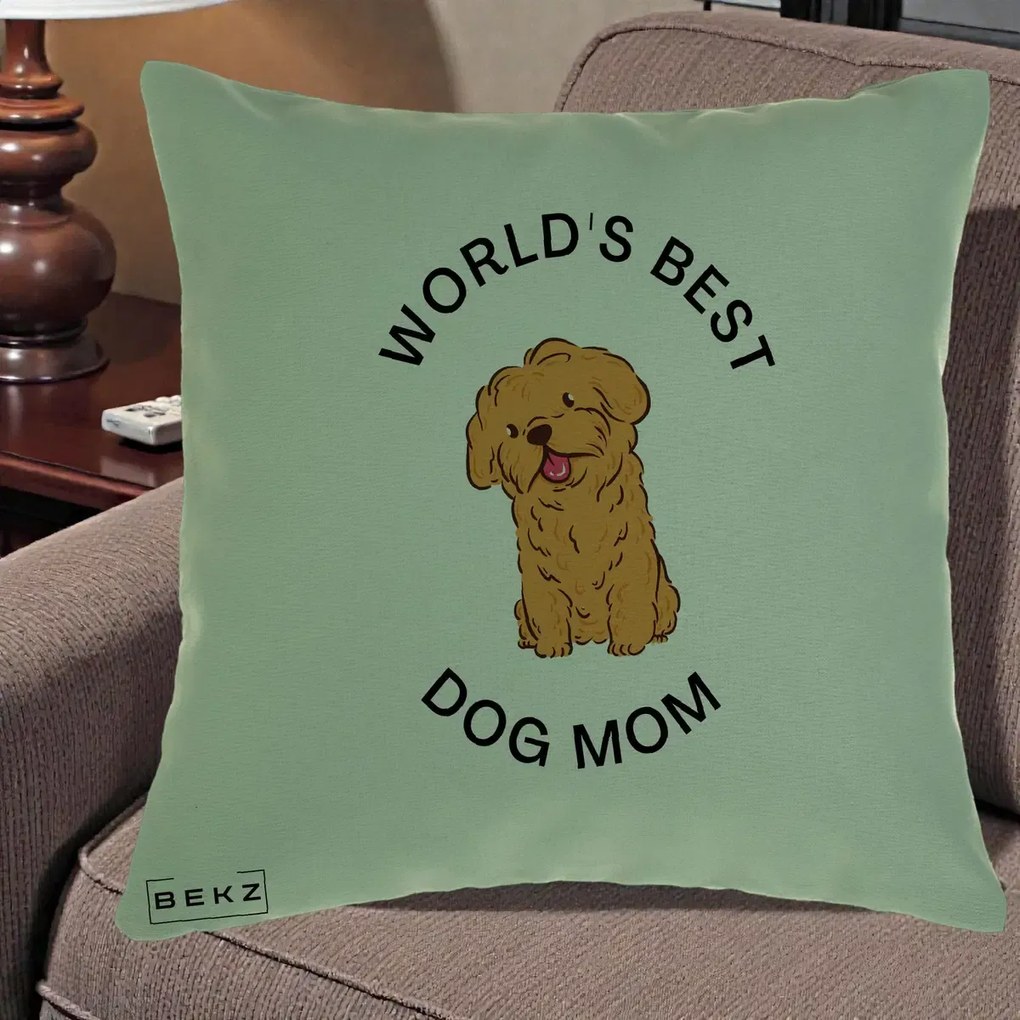 Cadou pentru Iubitorii de Caini - Perna Personalizata World's Best Dog Mom, 40x40 cm, Verde, Husa Detasabila, Perna Inclusa, BEKZ®
