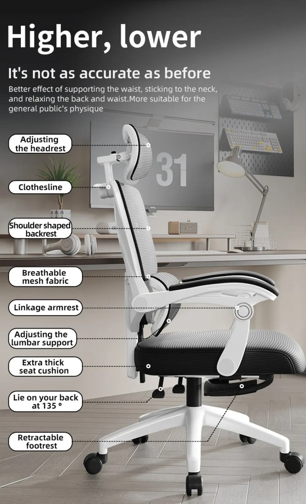 Scaun ergonomic cu suport lombar, tetieră reglabilă 3D, suport pentru picioare, Mesh, Alb/Negru