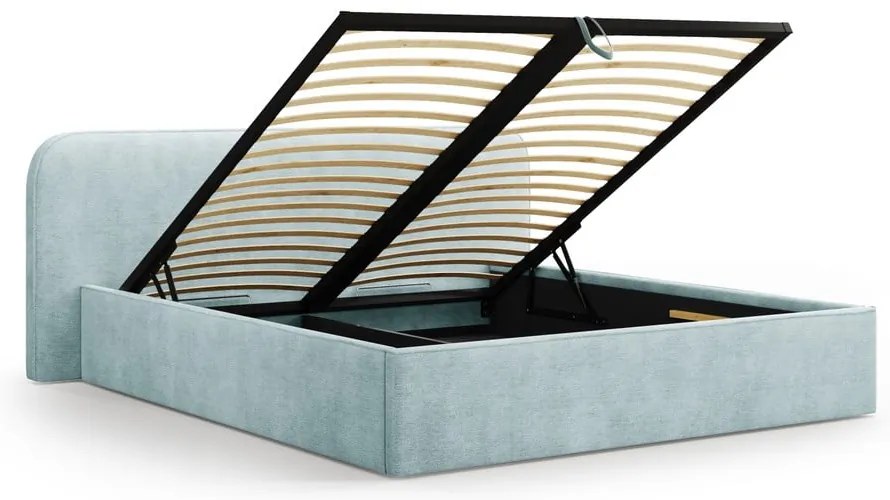 Pat matrimonial verde mentă tapițat cu spațiu de depozitare cu somieră 200x200 cm Elizabeth – Micadoni