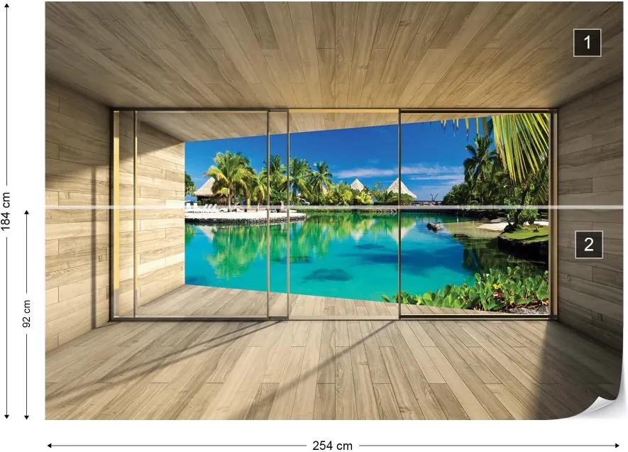 GLIX Fototapet - Tropical Lagoon 3D Modern Window View Vliesová tapeta  - 254x184 cm