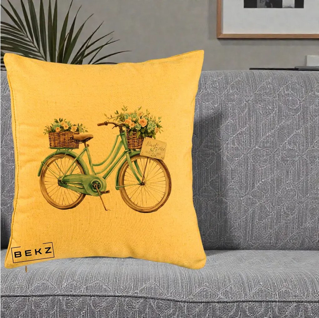 Perna decorativa Bicicleta Teal cu Cosuri Duble de Flori Vintage, 40x40 cm cu Umplutura, Galben, BEKZ