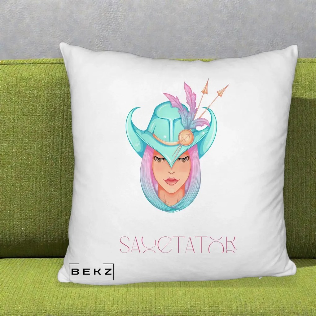 Perna Personalizata Zodiac Sagetator Cowgirl, 40x40 cm, Alb Pufos, Husa Detasabila, Perna Inclusa, BEKZ®