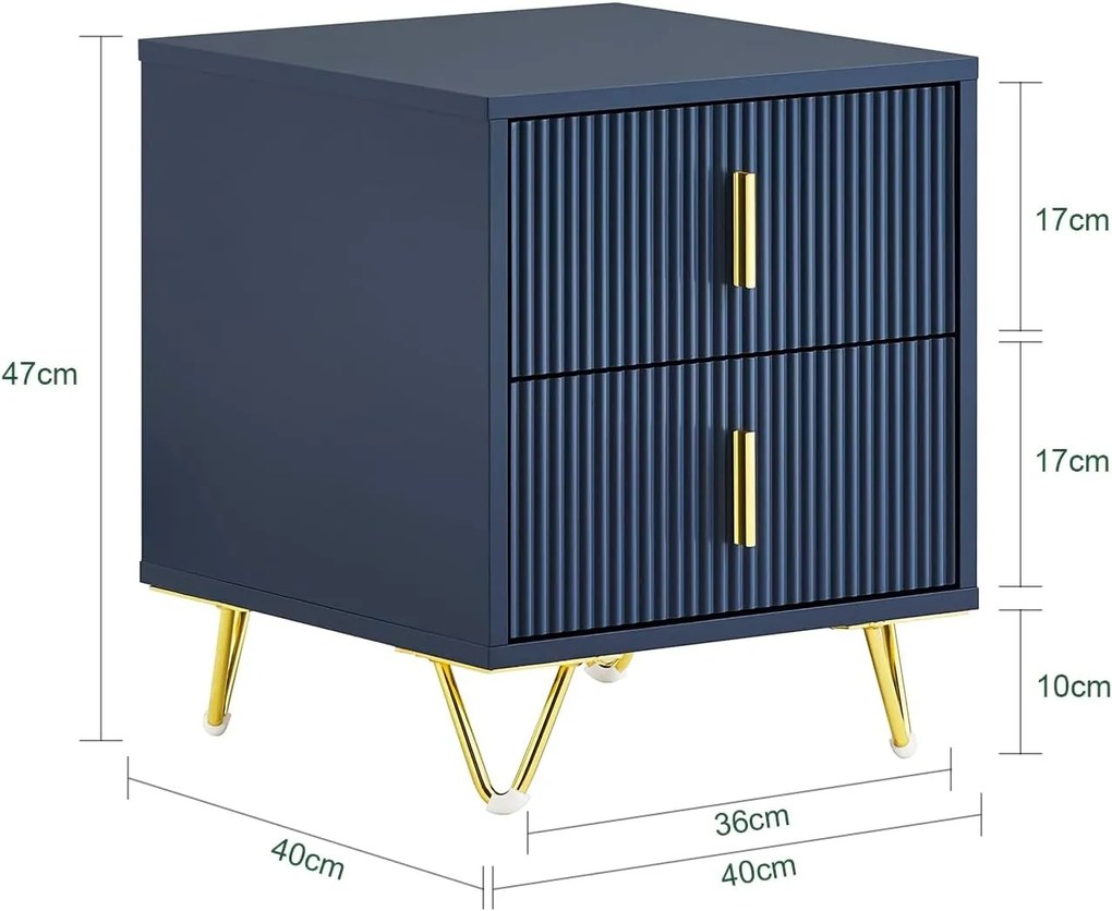 NOAL3 - Set 2x Noptiere, 40 cm, cu 2 sertare, Riflaje - Albastru - Auriu