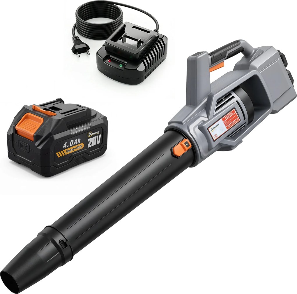 Outsunny Suflător de frunze fără fir 36V cu 2 Baterii de 4.0Ah și Încărcător Motor fără perii 1000W până la 270 km/h Gri Deschis | Aosom Romania