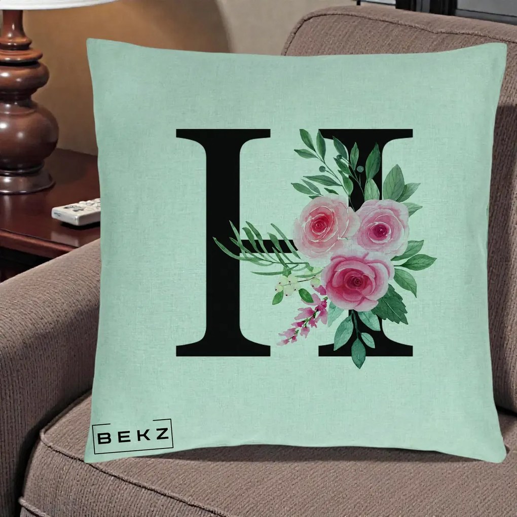 Cadou Personalizat - Perna Personalizata Monograma Florala Litera H cu Trandafiri Roz, 40x40 cm, Verde Menta, Husa Detasabila, Perna Inclusa, BEKZ®