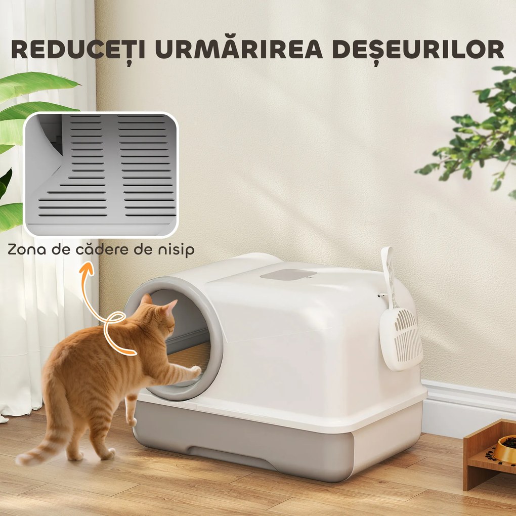 PawHut Litieră pentru Pisici cu Capac, Litiere Pisici cu Tavă și Lopățică Inclusă, Saci Deodorant, Ușor de Curățat, Alb și Gri | Aosom Romania