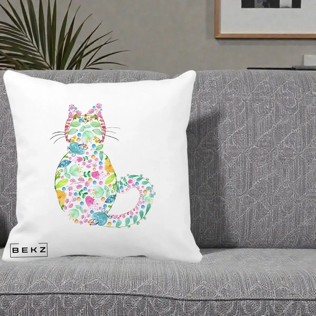 Perna Decorativa Pisica Florala Acuarela, 40x40 cm, Alba Mata, Husa Detasabila, Perna Inclusa, BEKZ®