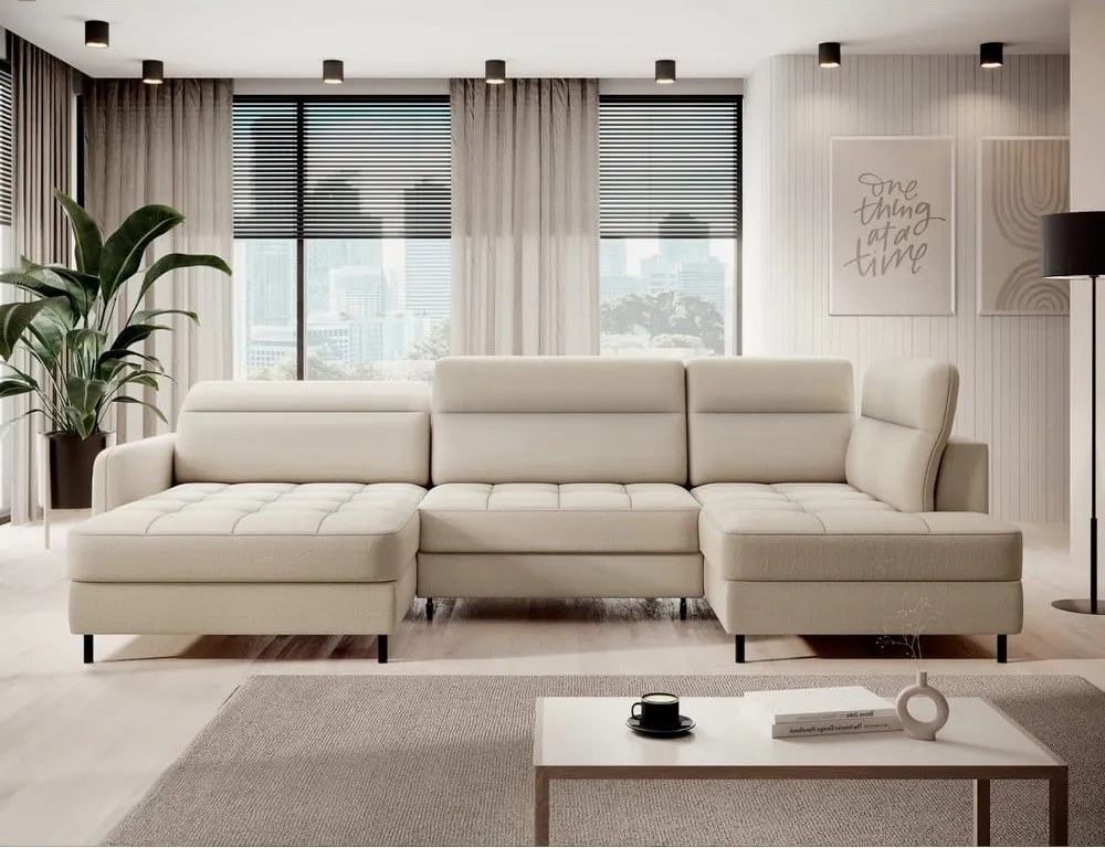 Colțar bej extensibil/cu spațiu de depozitare cu tapițerie din catifea (cu colț pe partea dreaptă/în formă de "U") Berrto – ELTAP