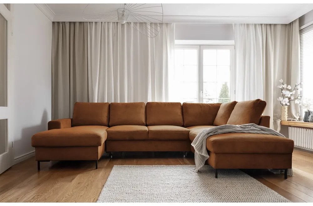 Colțar portocaliu/maro extensibil cu tapițerie din catifea reiată (cu colț pe partea dreaptă) Lofty Lilly – Miuform