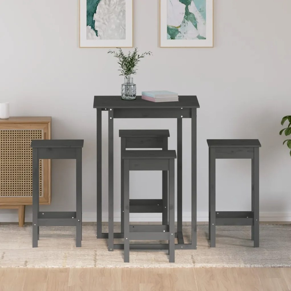 Set mobilier de bar, 5 piese, gri, lemn masiv de pin