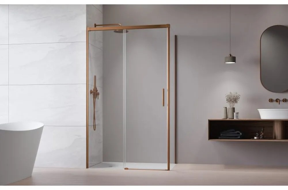 Cabina de dus dreptunghiulara cu usa glisanta Radaway Idea KDJ 130x110 cm finisaj cupru periat-transparent stanga