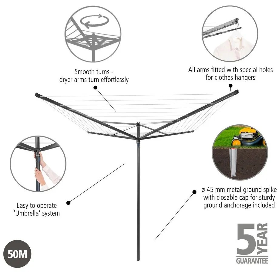 Uscător de rufe gri antracit pentru grădină 50 m Topspinner – Brabantia