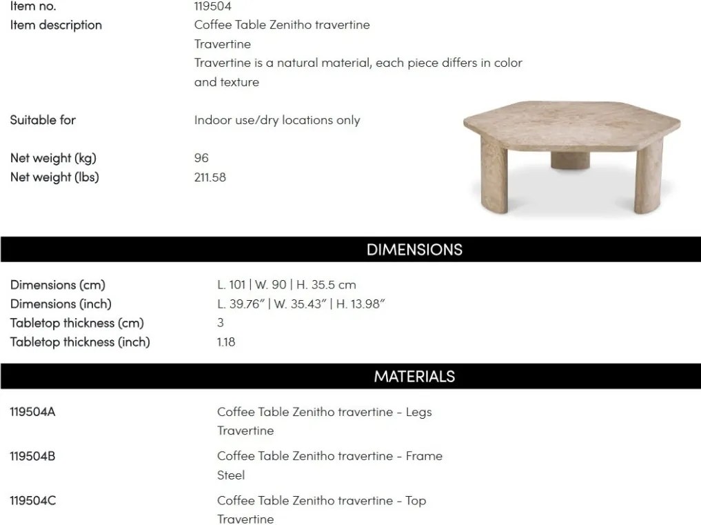 Masuta de cafea LUX din travertin Zenitho