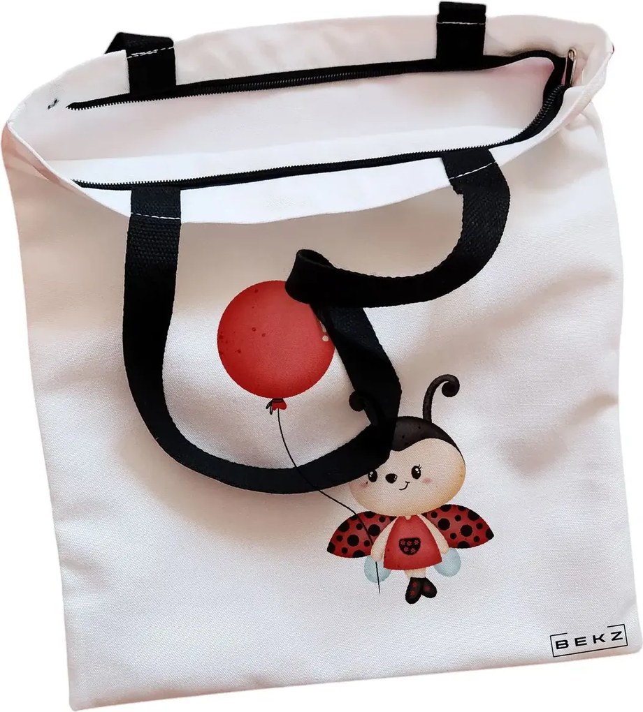 Sacosa de Panza pentru Cumparaturi, Geanta Tote, model Ladybug, Cu fermoar, 38x34.5 cm, Alba, BEKZ®