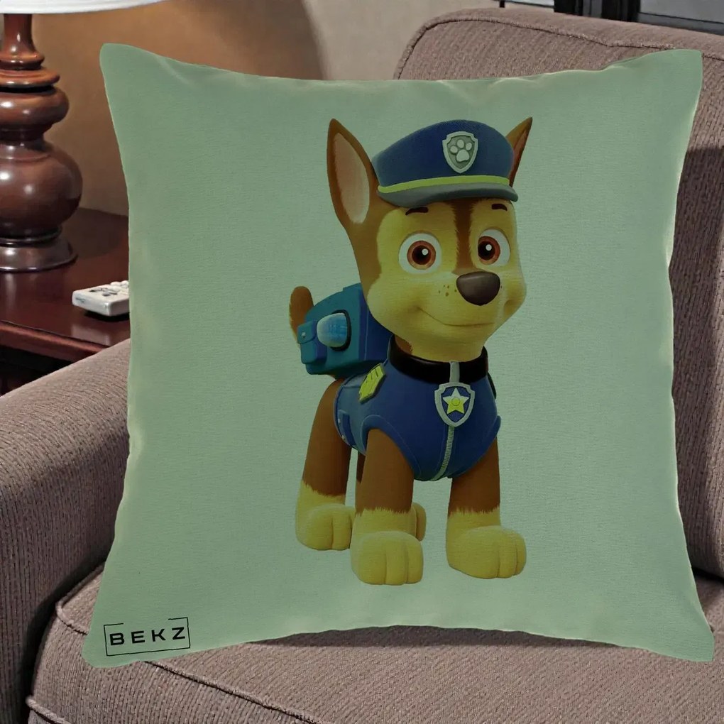 Perna Personalizata Chase PAW Patrol Albastru, 40x40 cm, Verde, Husa Detasabila, Perna Inclusa, BEKZ®