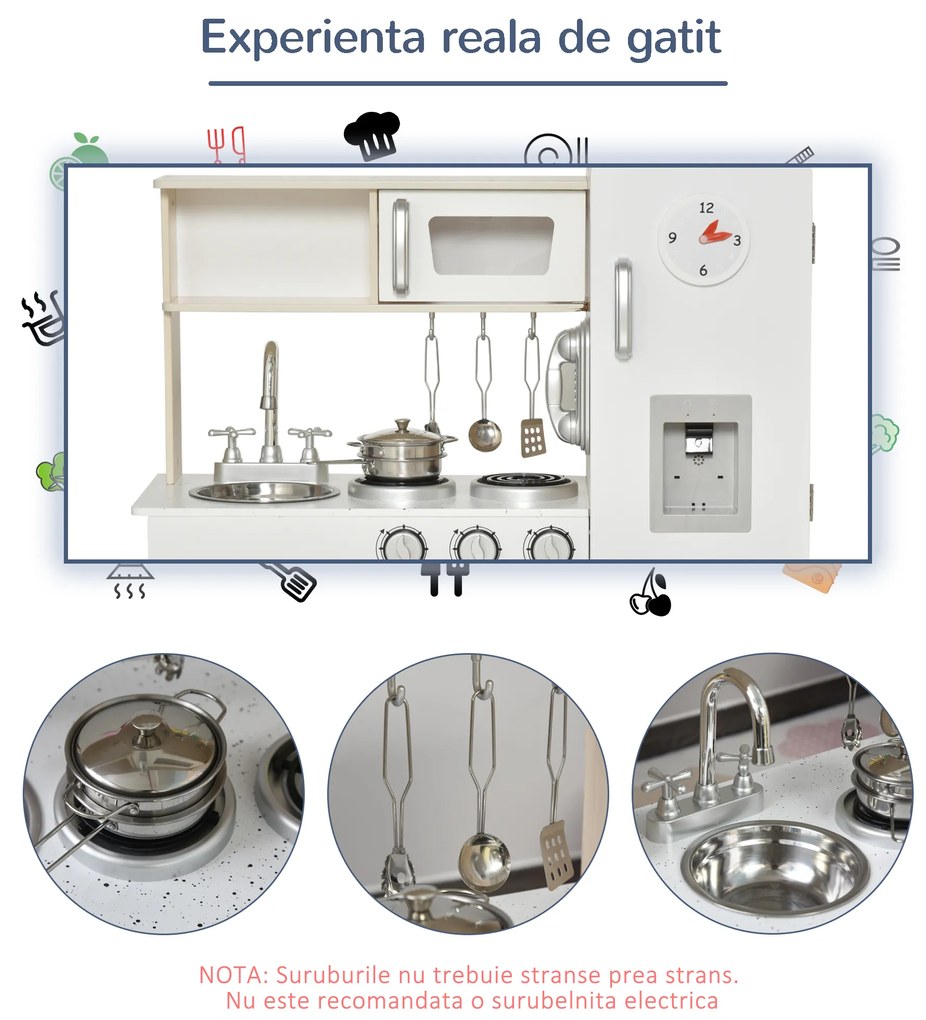 HOMCOM Bucătărie de Jucărie din Lemn pentru Copiii de Peste 3 Ani, 74x30x81 cm, Alb | Aosom Romania