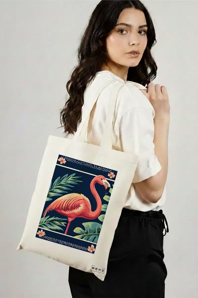 Sacosa de Panza pentru Cumparaturi, Geanta Tote, model Flamingo Paint 38 x 34.5 cm, Alba, BEKZ®