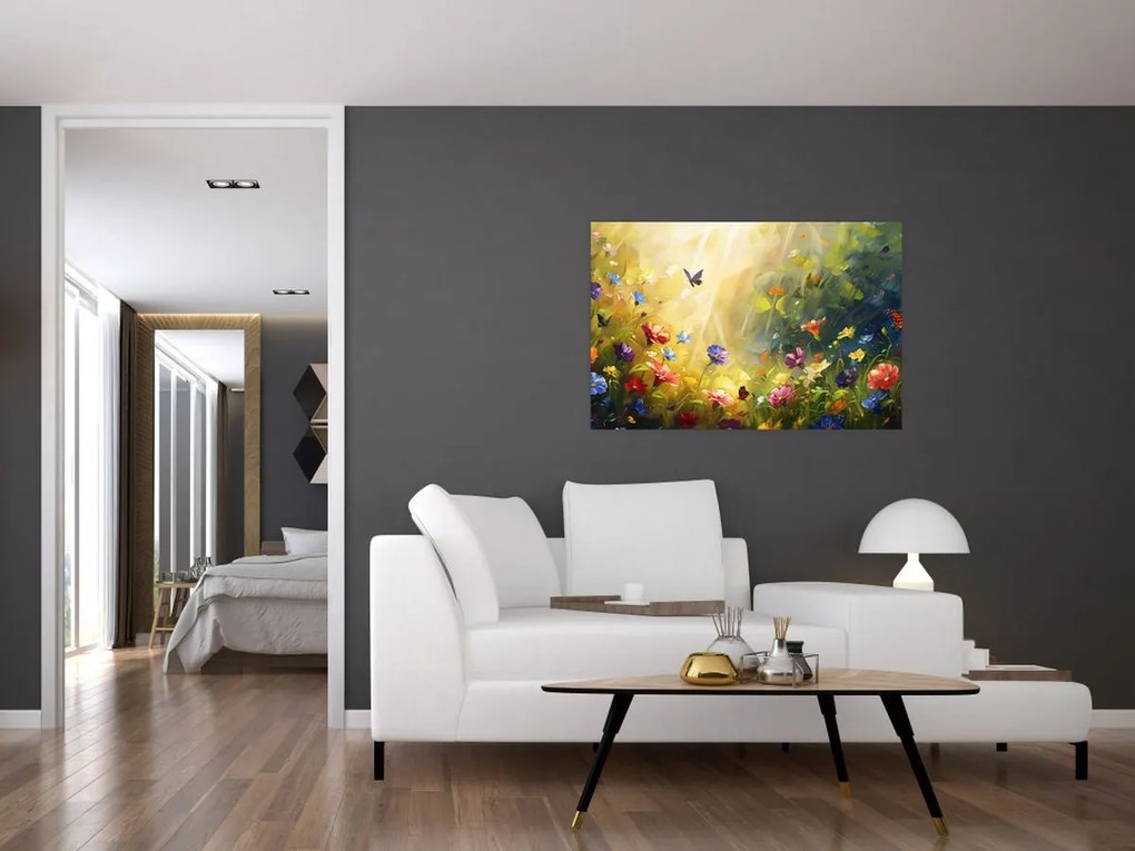 Tablou - Pajiște cu flori de primăvară, pictură (90x60 cm)