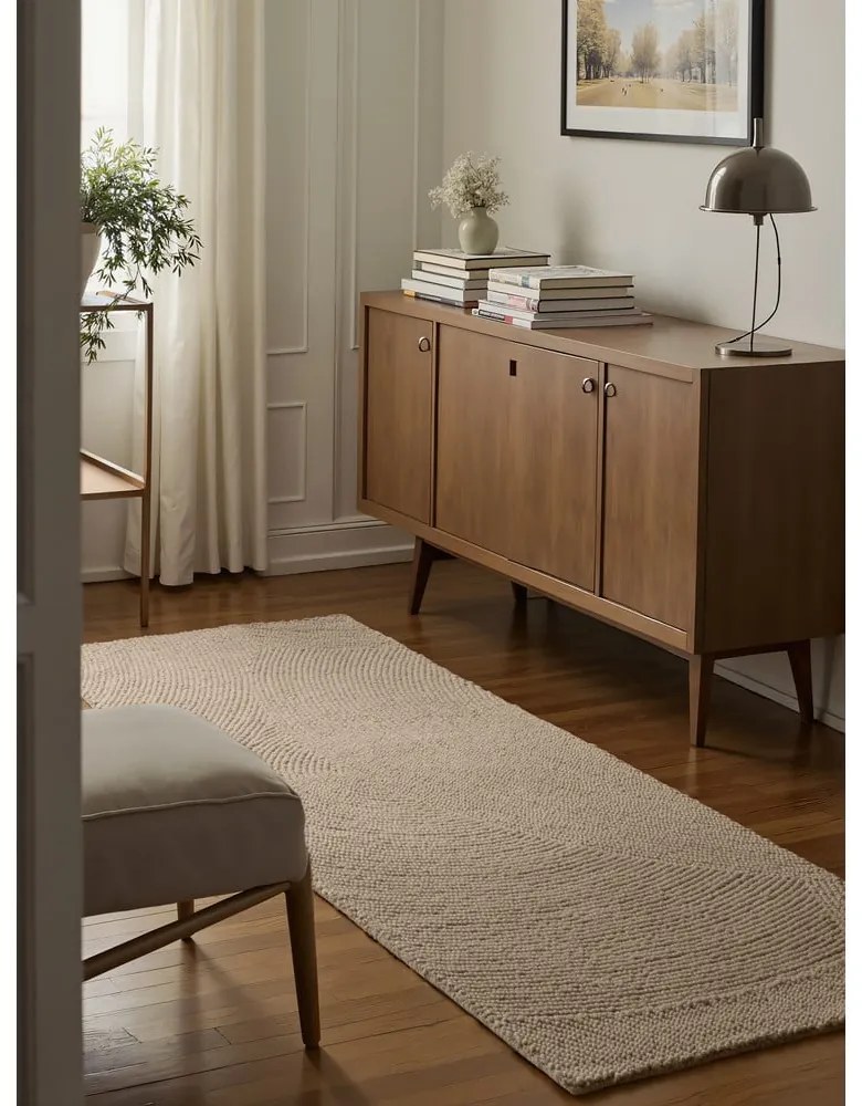 Covor tip traversă bej țesut manual din lână 80x200 cm Calmio – Hanse Home
