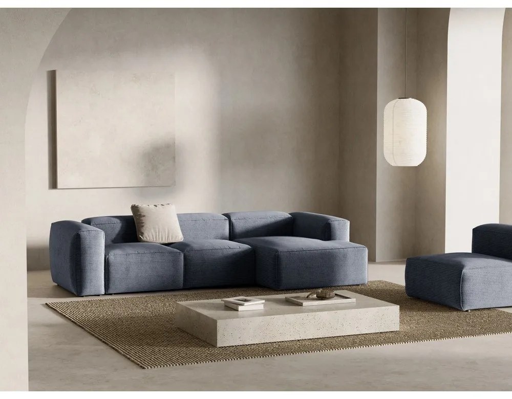 Colțar albastru prăfuit cu tapițerie din catifea reiată (cu colț pe partea dreaptă/cu șezlong) Bergamo – Cosmopolitan Design