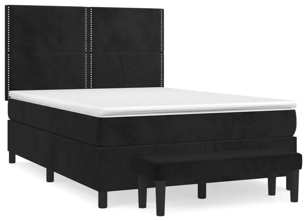 Pat box spring cu saltea, negru, 140x190 cm, catifea Negru, 140 x 190 cm, Culoare unica si cuie de tapiterie