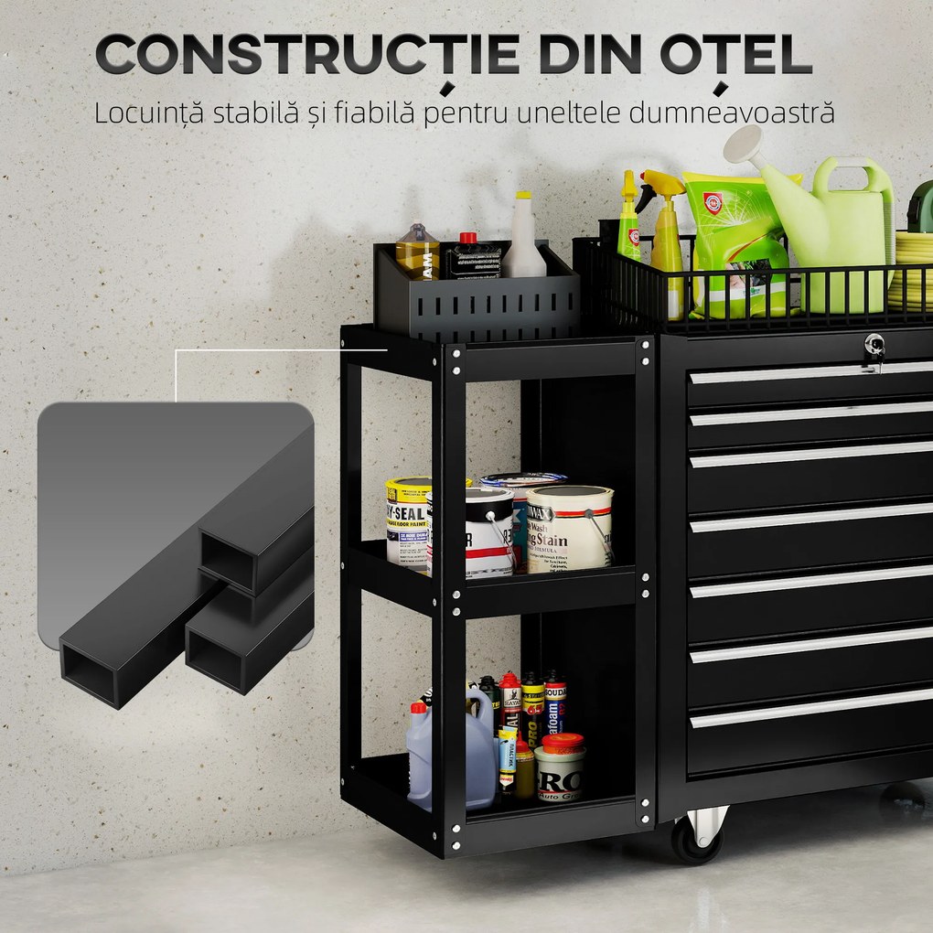 HOMCOM Cărucior pentru Unelte din Oțel cu 7 Sertare, Poliță Laterală Detașabilă, Roți, Capacitate 120kg, Negru | Aosom Romania
