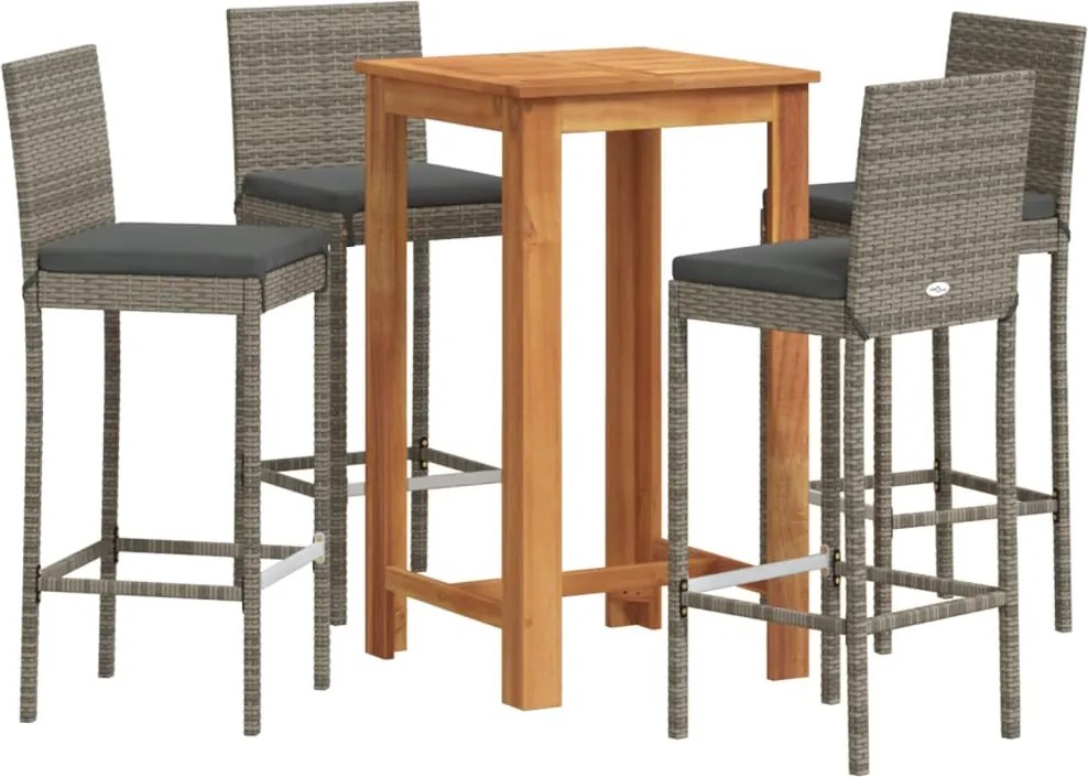 vidaXL Set bar de grădină, 5 piese, gri, lemn masiv acacia/ poliratan