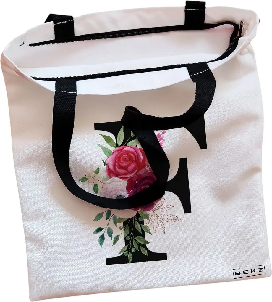 Sacosa de Panza pentru Cumparaturi, Geanta Tote, Cu litera F si Trandafiri, Cu fermoar, 38x34.5 cm, Alba, BEKZ®