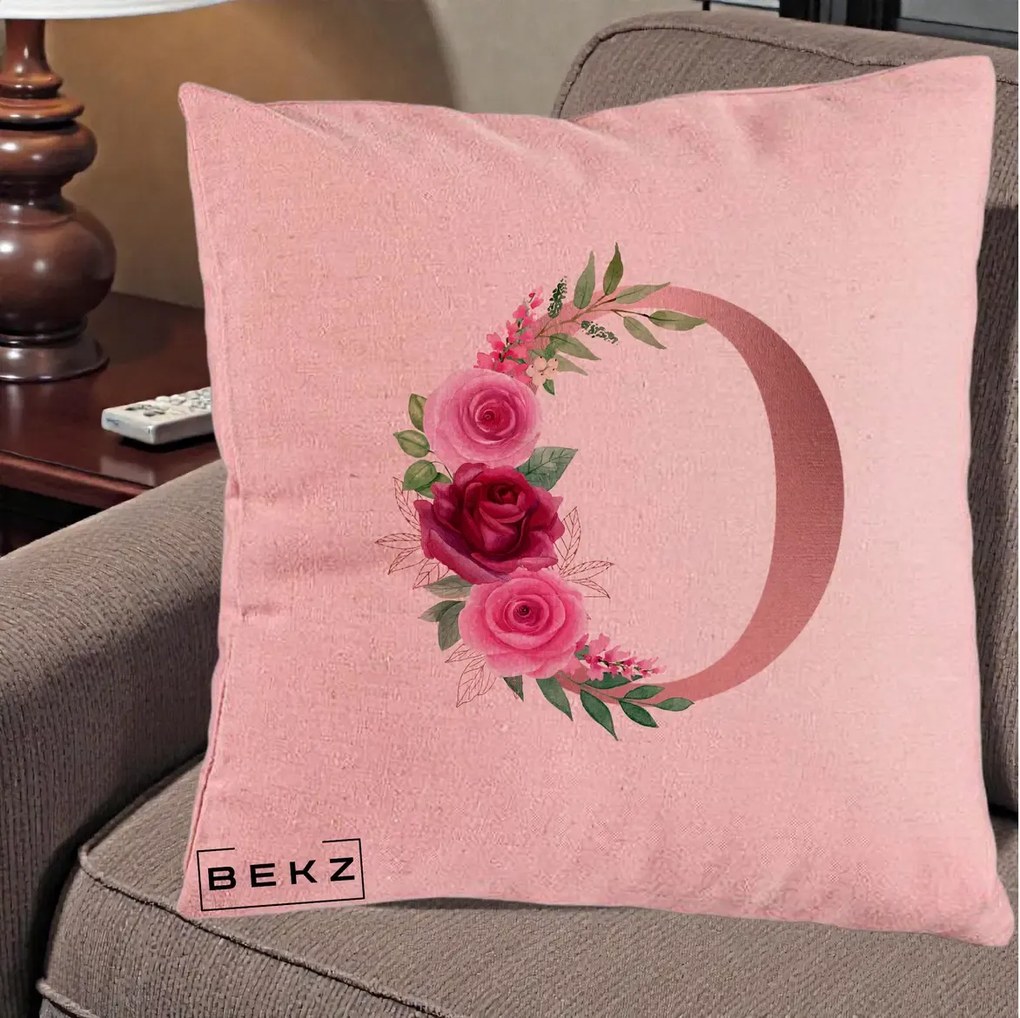 Cadou Personalizat - Perna Personalizata Monograma Rose Gold Litera O, 40x40 cm, Roz, Husa Detasabila, Perna Inclusa, BEKZ®
