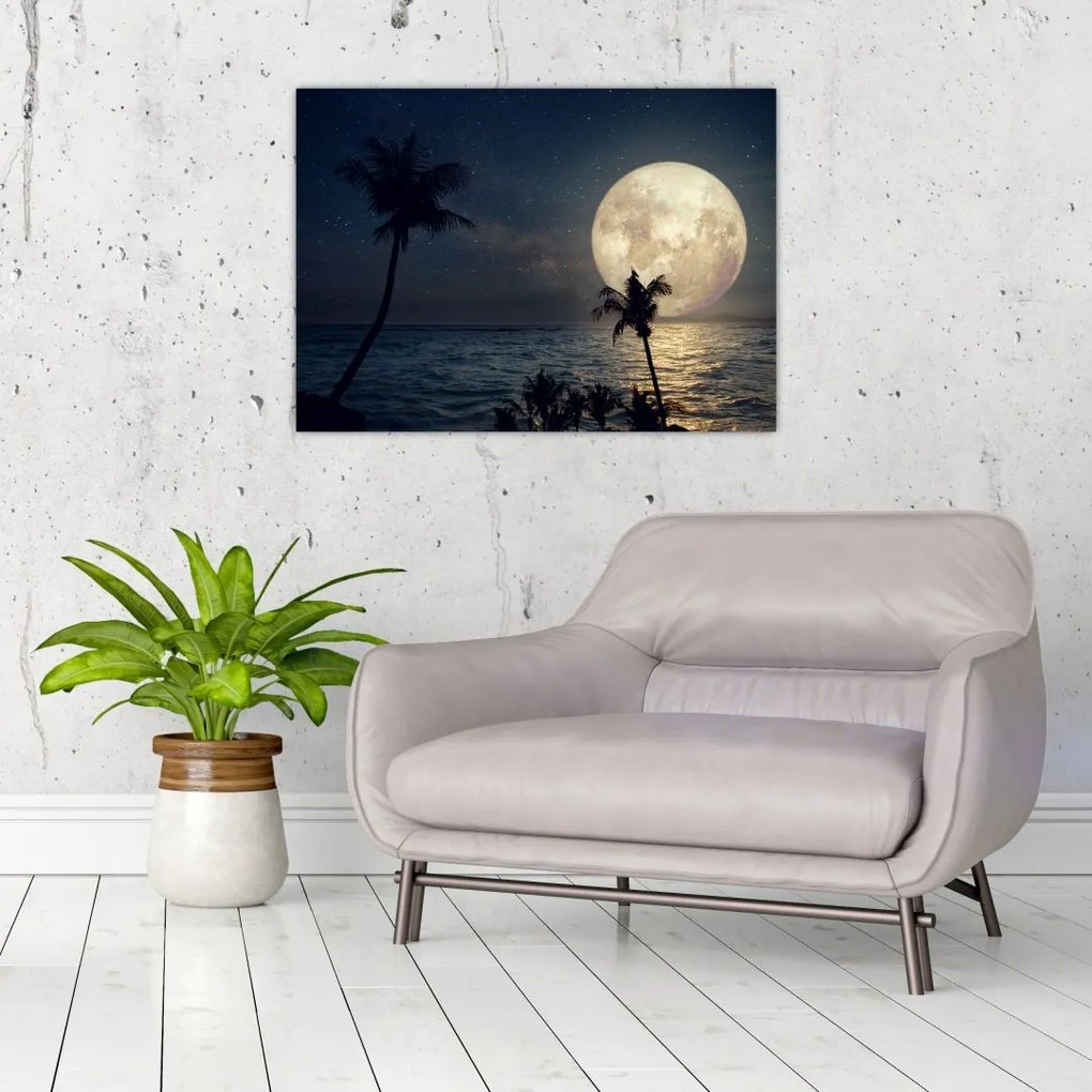 Tablou pe sticlă - Plaja cu lună plină (70x50 cm)