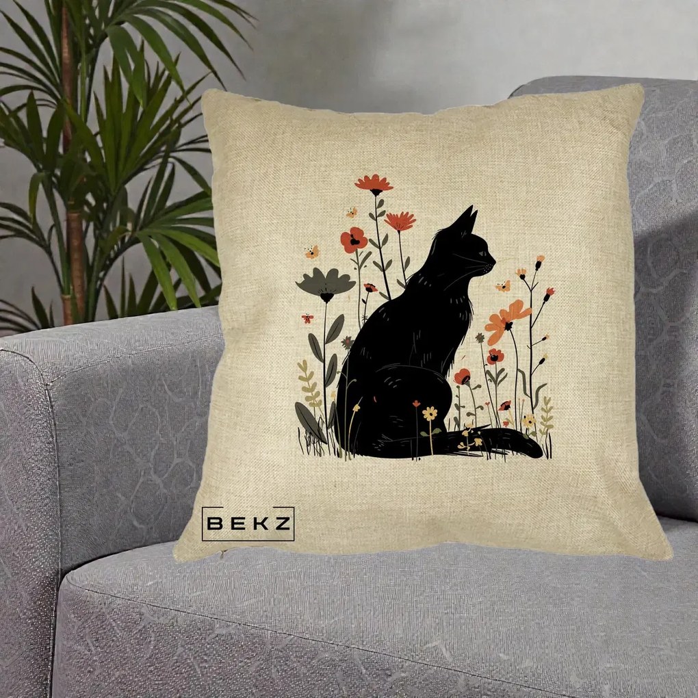 Perna Decorativa Pisica Neagra Profil Flori Portocalii, 40x40 cm, Crem, Husa Detasabila, Perna Inclusa, BEKZ®