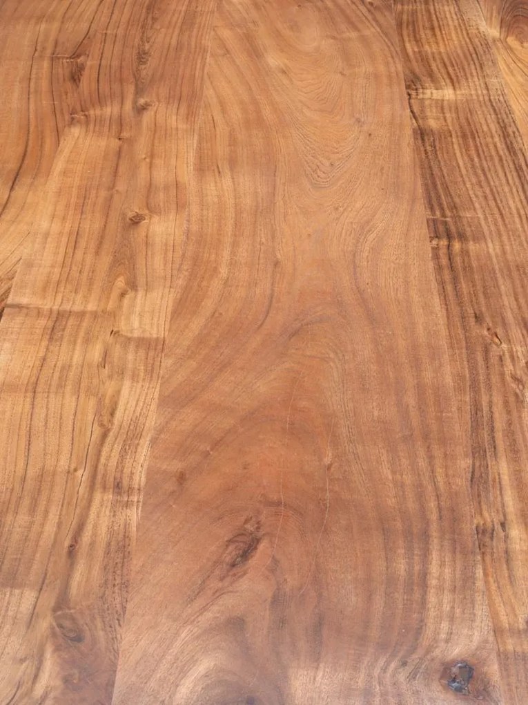 Masă dining cu bancă din lemn masiv de acacia, maro, 8 locuri, cu margini naturale și bază din metal negru, 77,5 x 180 x 96,5 cm, „Frequency”