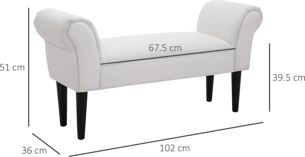 HOMCOM Bancă de Capăt de Pat cu Cotiere Rulate, Bancă Căptușită pentru Dormitor, 102x36x51 cm, Alb | Aosom Romania