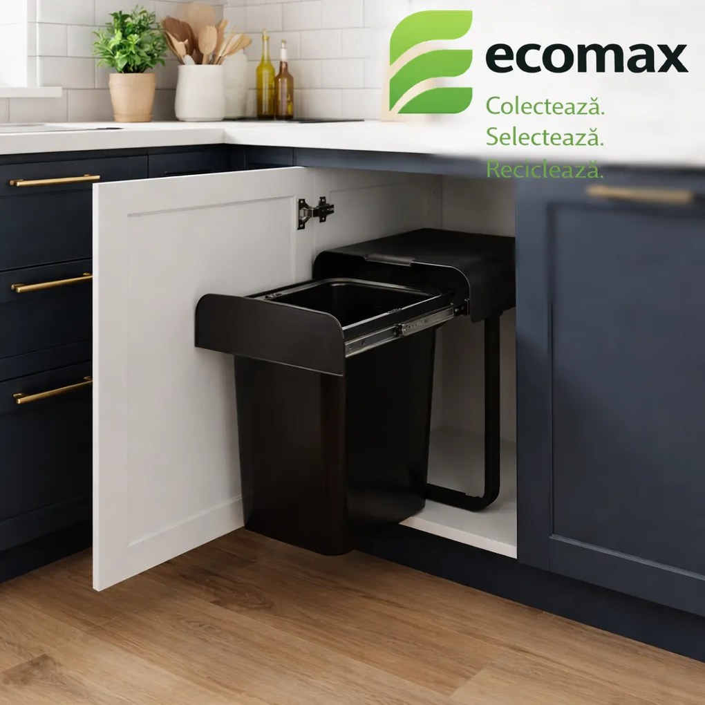 Cos gunoi incorporabil Ecomax Ekko Black Bio 40, cu extragere totala, negru, 1 x 34 l A:473 mm; H:365 mm; L:355 mm, Plastic 100% reciclat certificat,