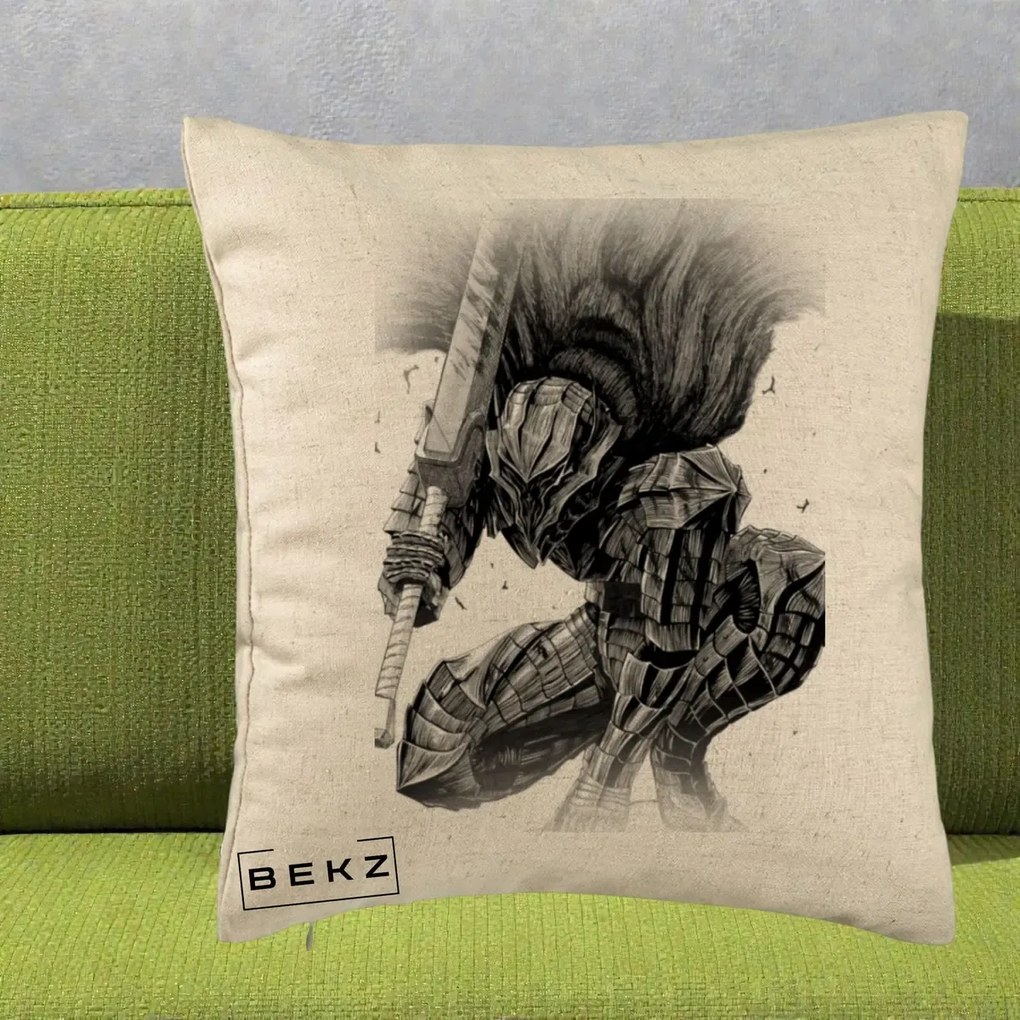 Perna Personalizata Berserk Guts Armor of Darkness Manga, 40x40 cm, Bej, Husa Detasabila, Perna Inclusa, BEKZ®