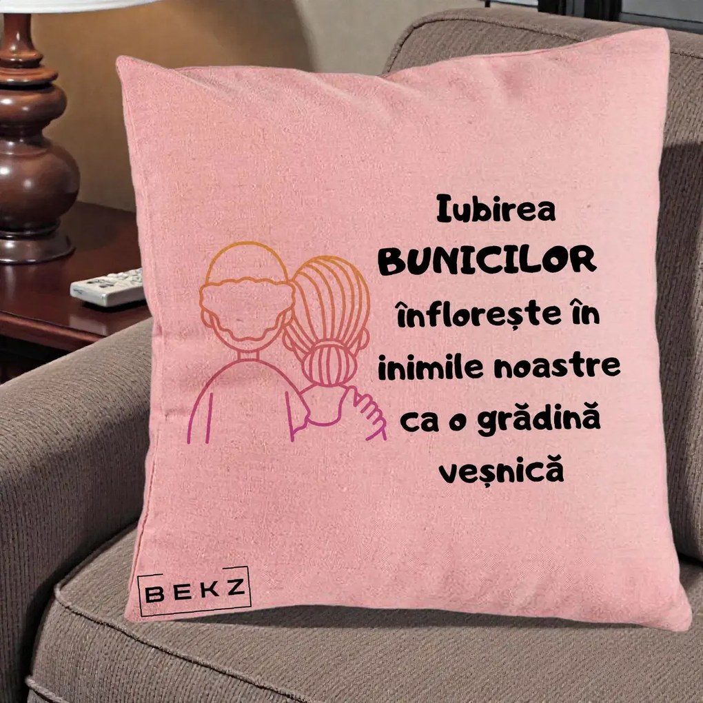 Cadou pentru Bunici - Perna Personalizata Iubirea Bunicilor Infloreste Cuplu Line Art Gradient, 40x40 cm, Roz, Husa Detasabila, Perna Inclusa, BEKZ®