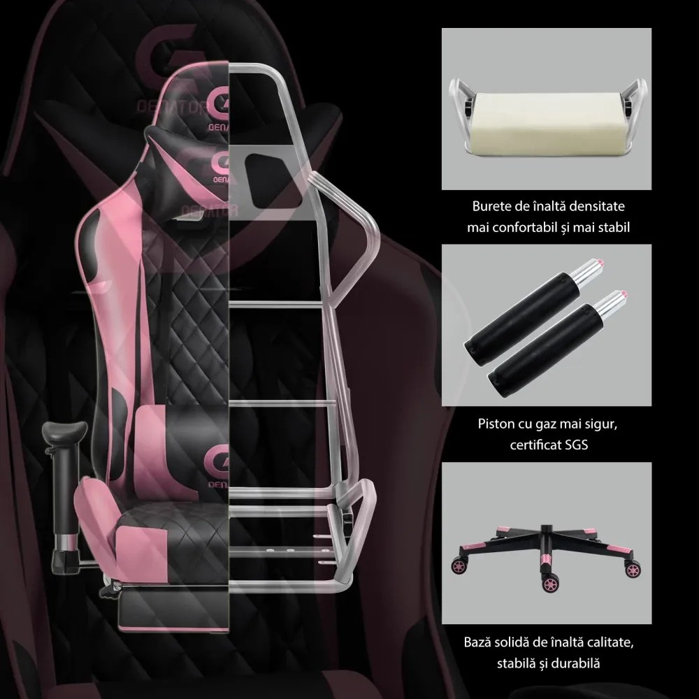 Scaun gaming, masaj în perna lombară, sezut benzi elastice sustinere, cotiere 3D, suport picioare, funcție sezlong, Negru/Roz