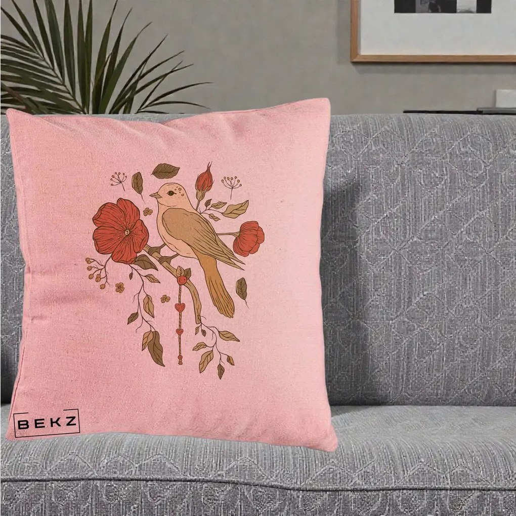 Perna Decorativa Pasare pe Ramura cu Maci, 40x40 cm, Roz, Husa Detasabila, Perna Inclusa, BEKZ®