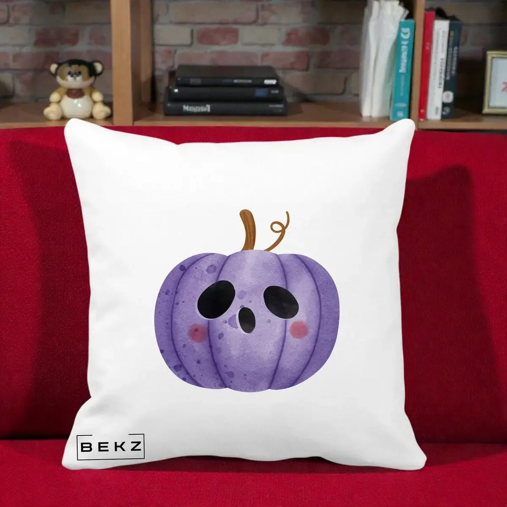 Perna Decorativa Dovleac Halloween Mov Kawaii, 40x40 cm, Alba Mata, Husa Detasabila, Perna Inclusa, BEKZ®