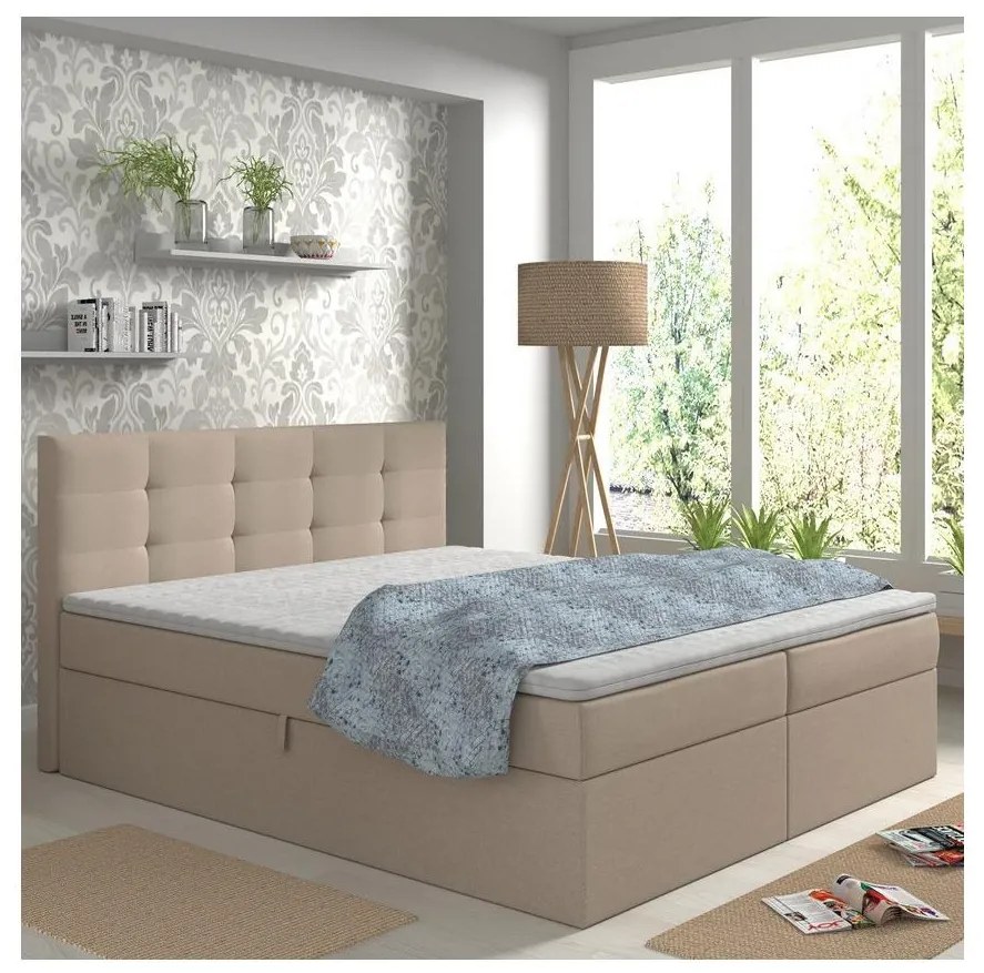 Pat tapițat EMBER 180x200 cm, bej, cu saltele, topper și spațiu de depozitare integrat