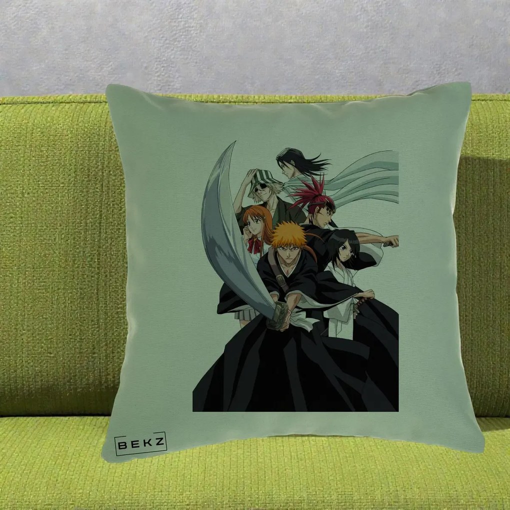 Perna Personalizata Bleach Grup Complet Ichigo si Prietenii, 40x40 cm, Verde, Husa Detasabila, Perna Inclusa, BEKZ®