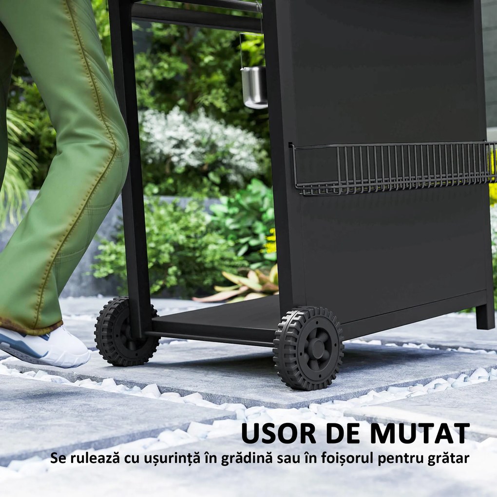 Outsunny Grătar pe Gaz cu Arzătoare Independente 3+1, Capac, Termometru și Măsuță Laterală, 123x57x98 cm, Negru | Aosom Romania