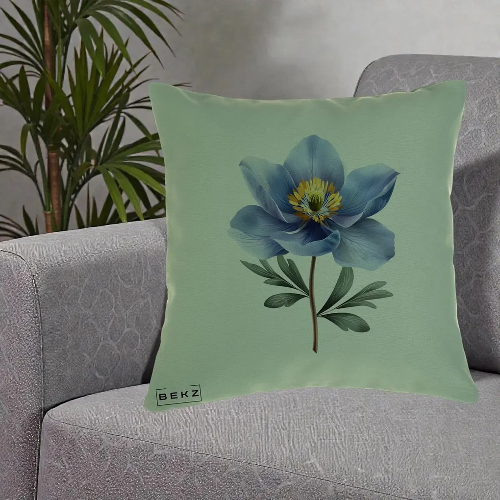 Perna Decorativa Anemona Albastra Botanica, 40x40 cm, Verde, Husa Detasabila, Perna Inclusa, BEKZ®