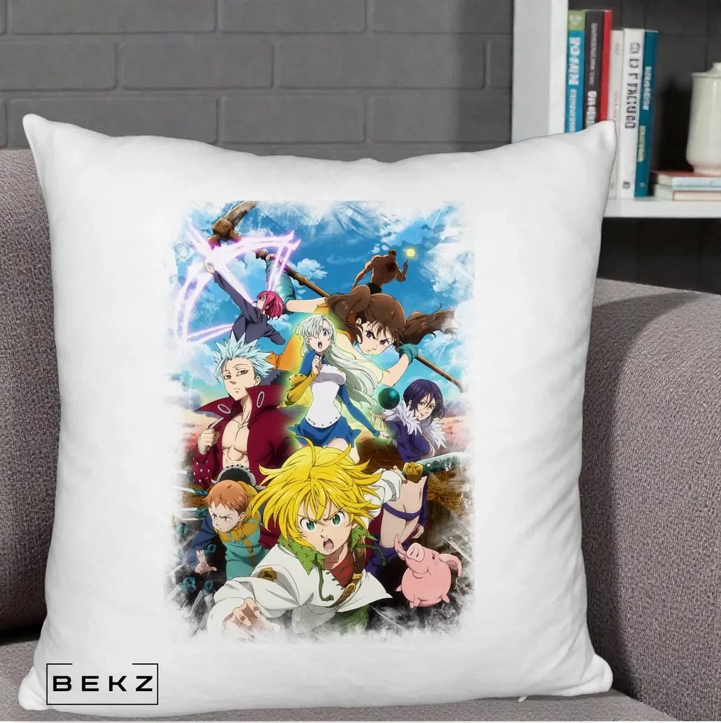 Perna Personalizata Nanatsu no Taizai Cele Sapte Pacate Mortale Anime, 40x40 cm, Alb Pufos, Husa Detasabila, Perna Inclusa, BEKZ®
